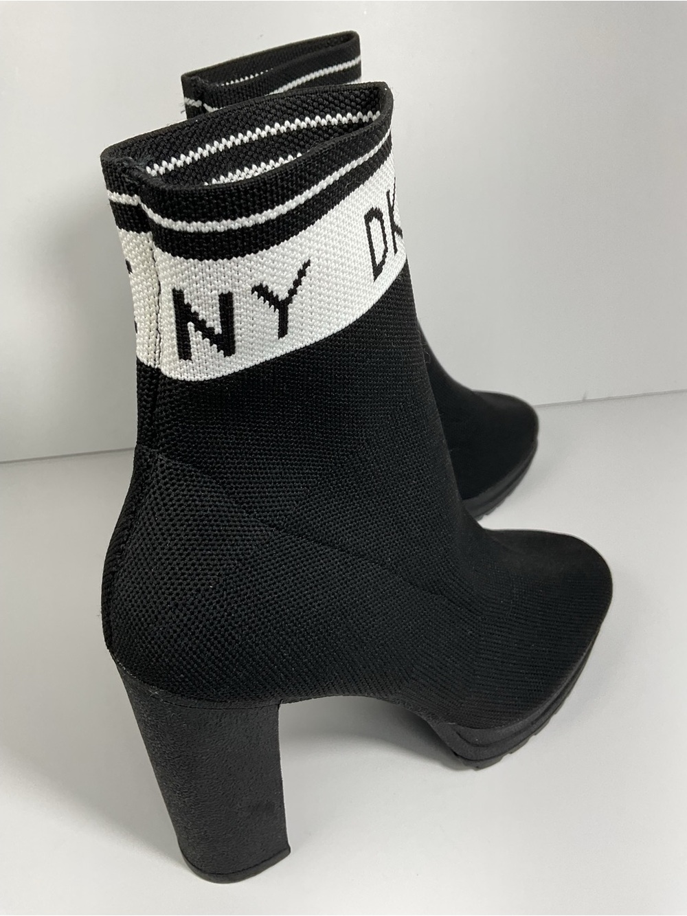 DKNY Black Knit Logo Sock Ankle Bootie Slip On Stretch Block Heel US 9.5 - Picture 5 of 8